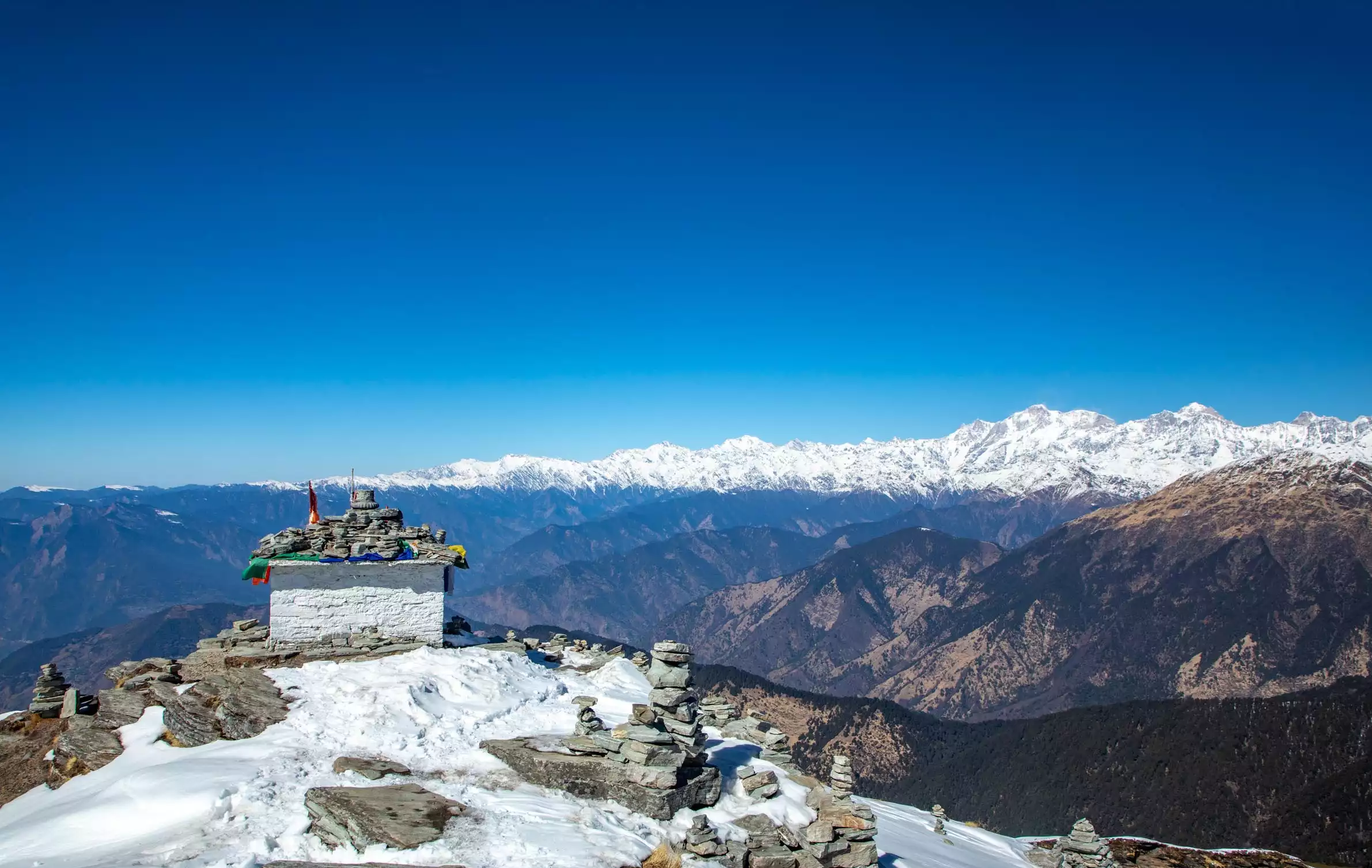 Chopta Tungnath Chandrashila trek with snow-capped peaks and rhododendron forest